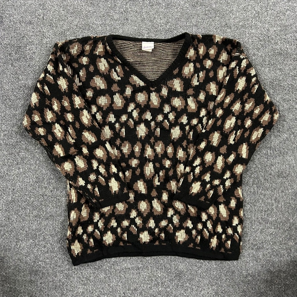 Frederick's of Hollywood Sweater Womens Size M Leopard Print V-Neck Knit Brown